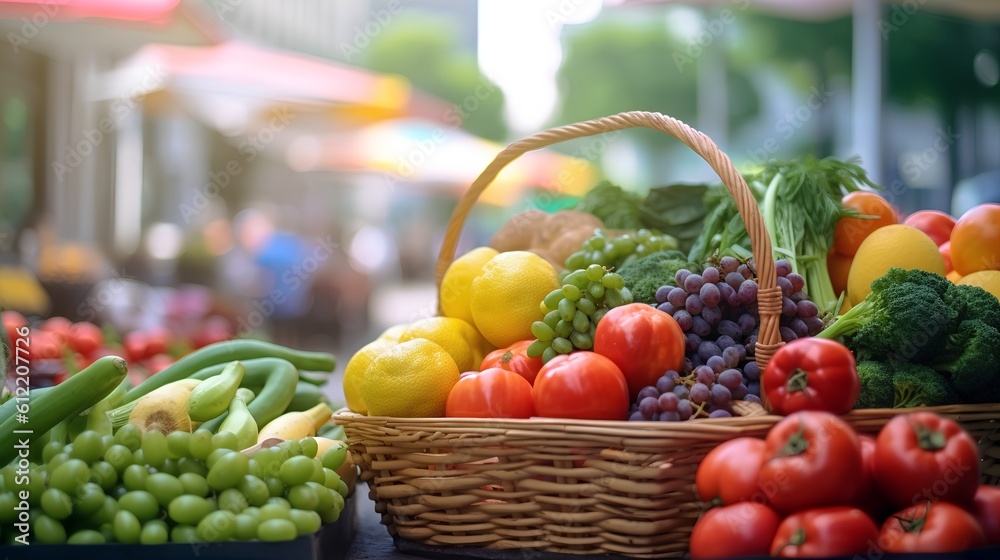 Farmers market, featuring a shopping basket filled with a vibrant assortment of organic, locally sou