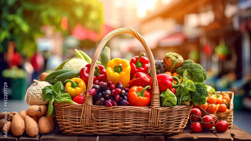 Farmers market, featuring a shopping basket filled with a vibrant assortment of organic, locally sou