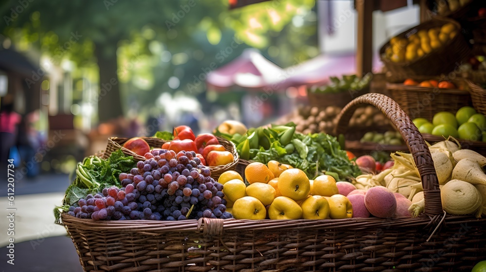 Farmers market, featuring a shopping basket filled with a vibrant assortment of organic, locally sou