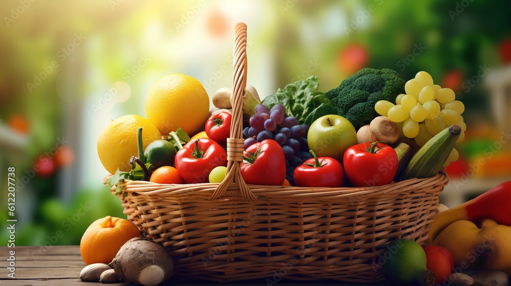 Farmers market, featuring a shopping basket filled with a vibrant assortment of organic, locally sou