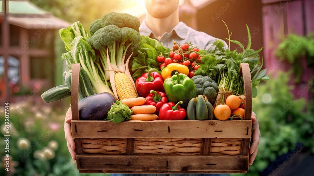 Farmers market, featuring a shopping basket filled with a vibrant assortment of organic, locally sou