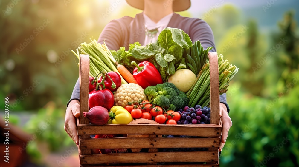 Farmers market, featuring a shopping basket filled with a vibrant assortment of organic, locally sou