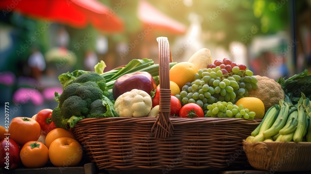 Farmers market, featuring a shopping basket filled with a vibrant assortment of organic, locally sou