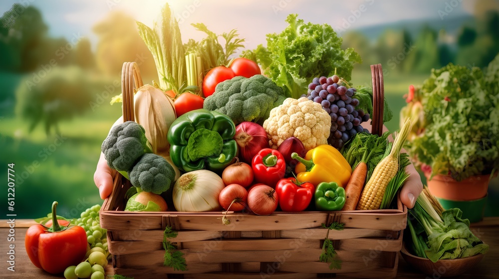 Farmers market, featuring a shopping basket filled with a vibrant assortment of organic, locally sou