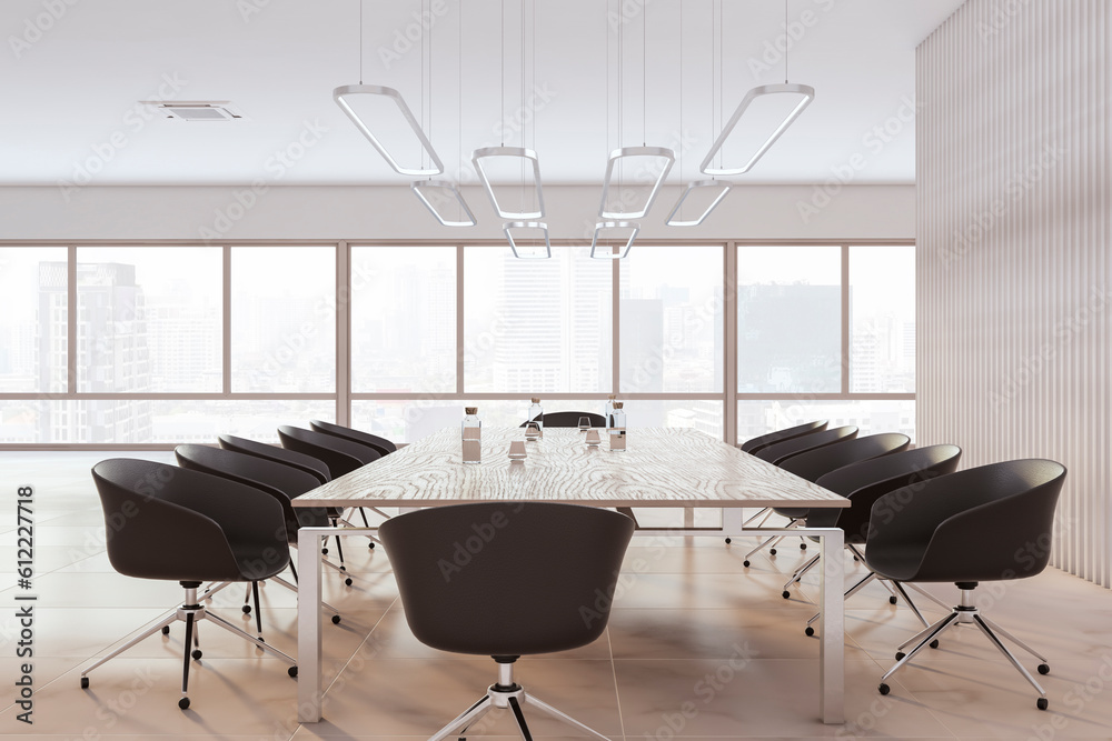 Modern empty concrete and tile meeting room interior with panoramic window and city view, furniture 