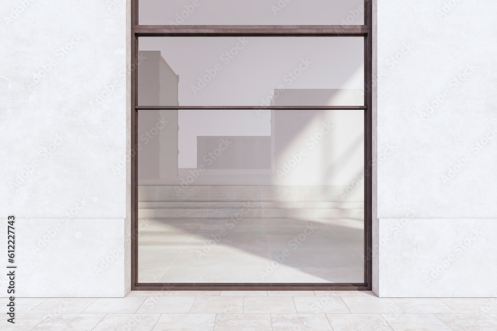 New glass showcase in concrete building exterior. Shop and retail concept. 3D Rendering.