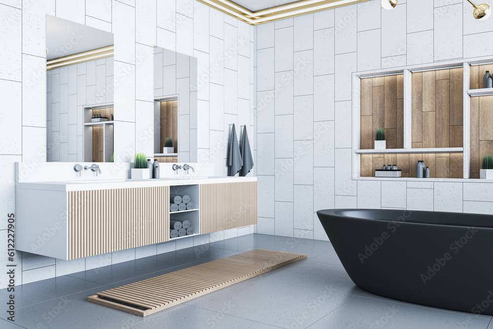 Clean light tile luxury bathroom interior with bath tub, shelves and decorative items. 3D Rendering.