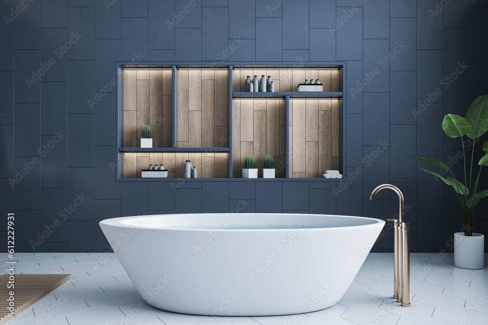 Modern blue tile luxury bathroom interior with bath tub, shelves and decorative items. 3D Rendering.