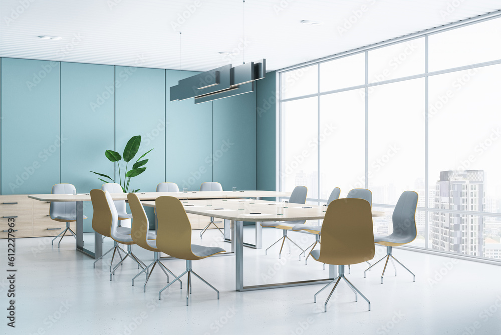 Bright blue meeting room interior with furniture and panoramic window with city view. 3D Rendering.