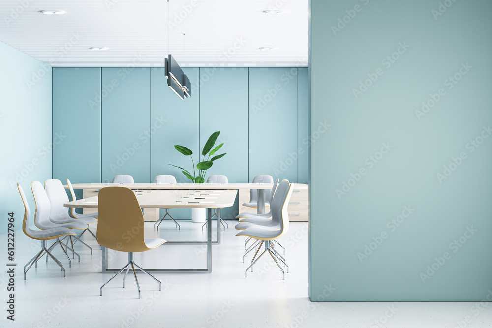 Modern blue meeting room interior with blank mock up place on wall, furniture and panoramic window w