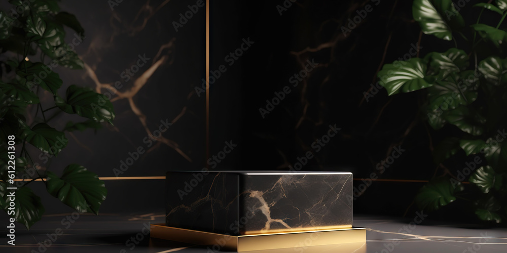 Podium made of black marble with gold, pedestal or platform. Advertising scene. Blank product stand.