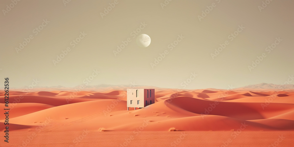 A minimalist sand dunes in the desert with a lonely building. Calm and tranquil landscape. Generativ