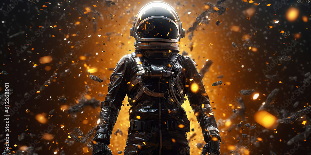 Portrait of astronaut floating in space with a asteroids, space rocks, burning sparks on backdrop. G