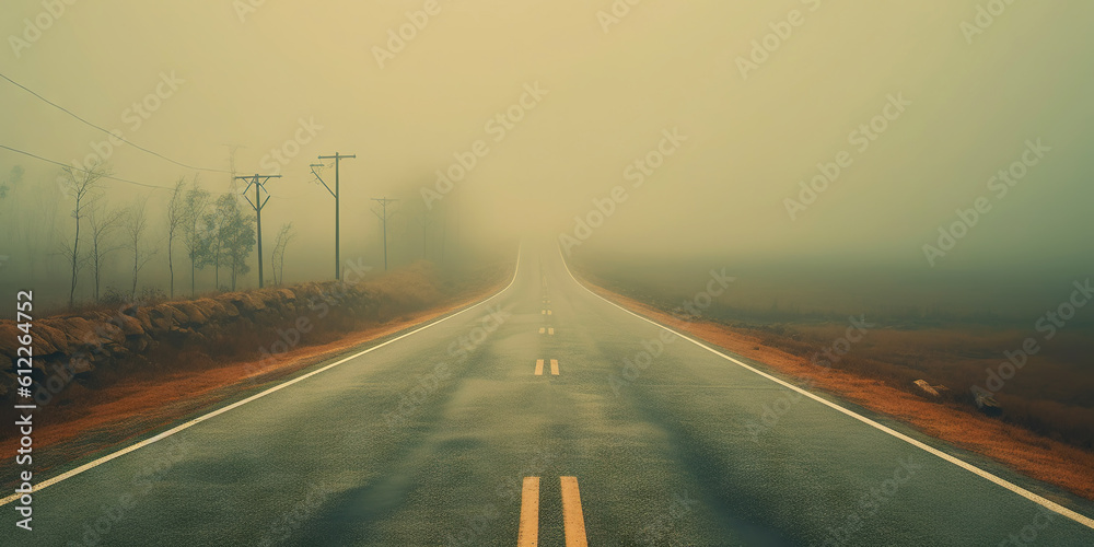 Minimalistic misty empty road. Foggy highway. Mystery travel concept. Generative AI