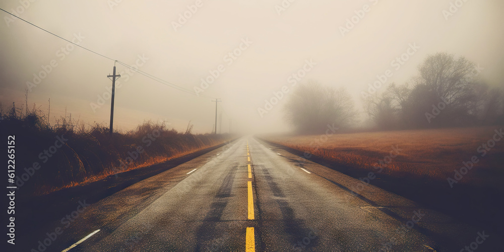 Misty empty road with trees on the side. Foggy highway. Mystery travel concept. Generative AI