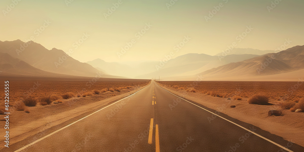 Minimalistic empty highway in desert. Travel concept. Generative AI