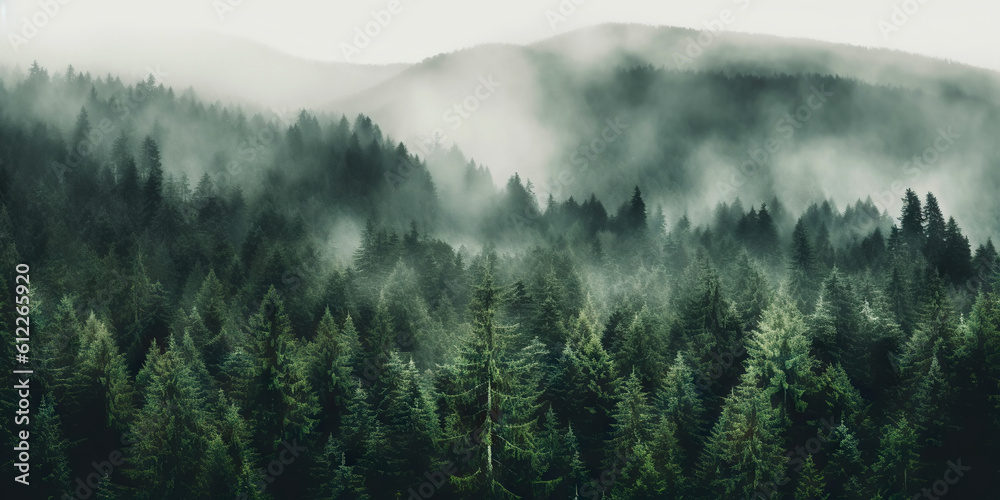 Misty landscape with fir forest in vintage retro style. Generative AI