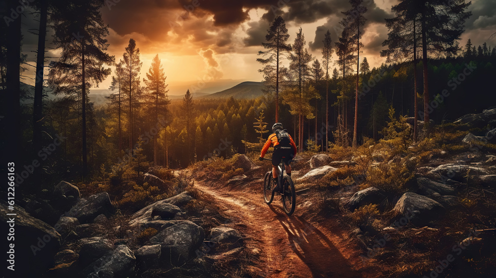 Mountain biker riding on bike in spring inspirational forest landscape. Man cycling on enduro trail 