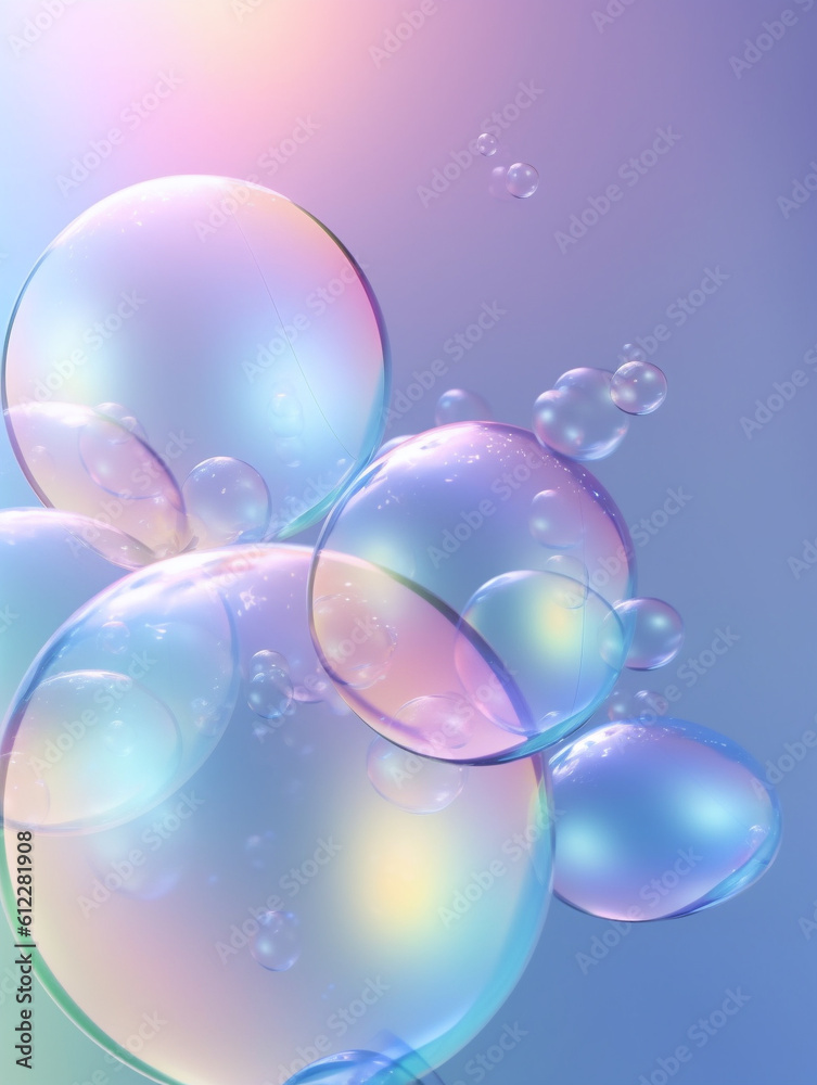 Transparent soap bubbles floating on blue pink gradient background. Created with Generative AI techn