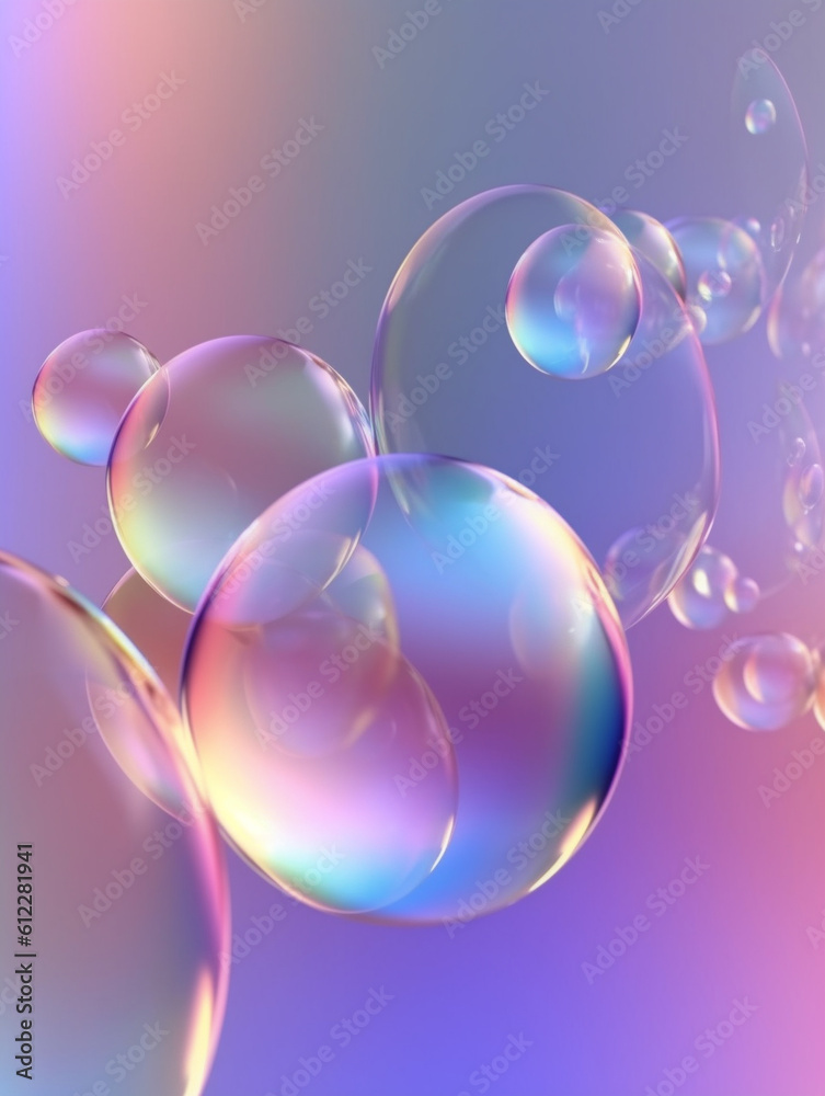 Transparent soap bubbles floating on blue pink gradient background. Created with Generative AI techn