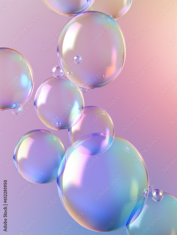 Transparent soap bubbles floating on blue pink gradient background. Created with Generative AI techn