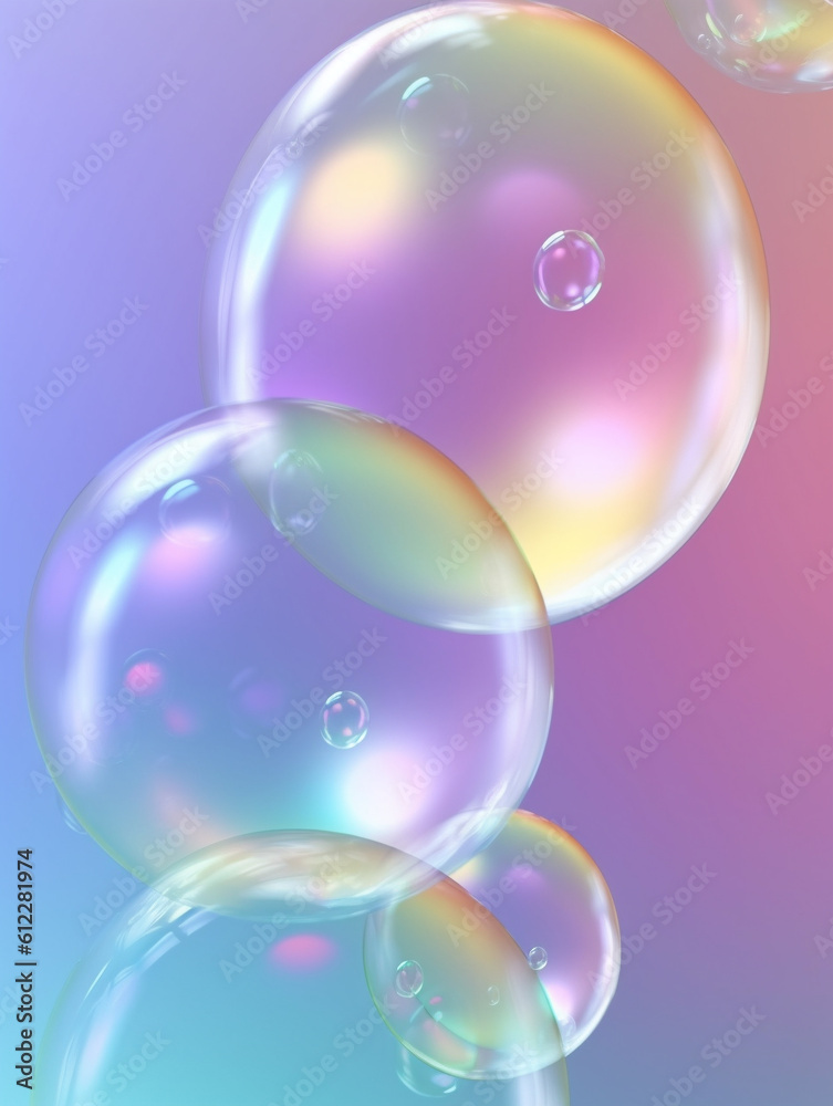 Transparent soap bubbles floating on iridescence gradient background. Created with Generative AI tec