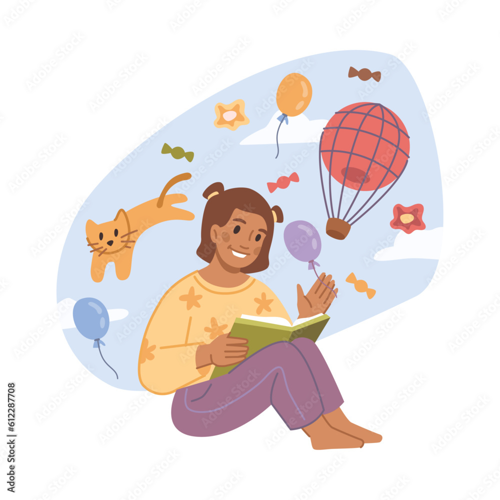 Little girls reading fantasy book about traveling on air balloon with cat pet flat cartoon vector il