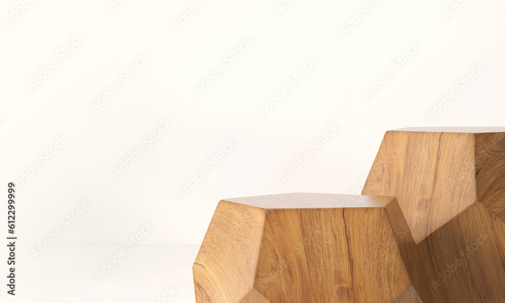 Two modern geometric shape brown wooden podium table, pentagon side, smooth wood grain in different 