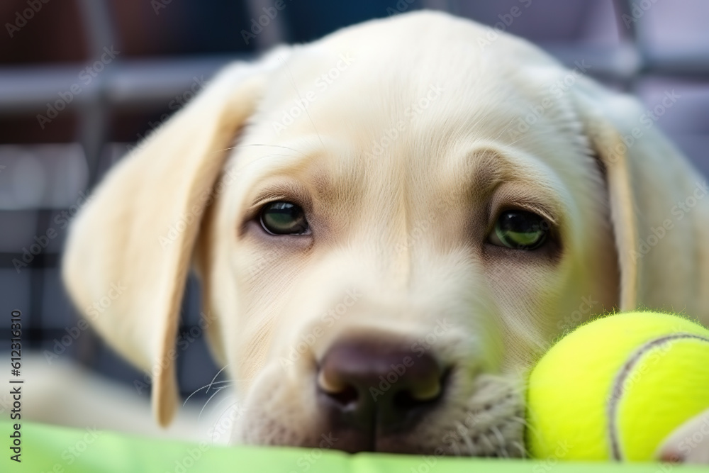 Golden retriever puppy. Labrador retriever puppy playing with a tennis ball.