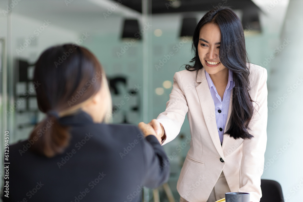 Partner, colleague, businesswoman shaking hands at business meeting, job interview.