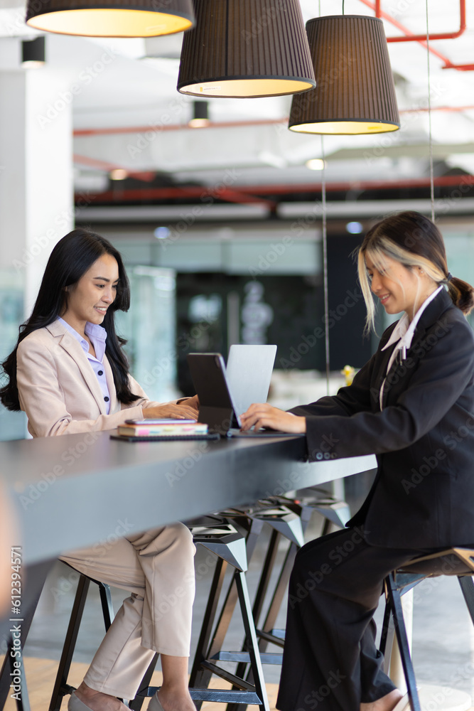 Businesswoman secretary colleague working with laptop in office. Two receptionists work at the count