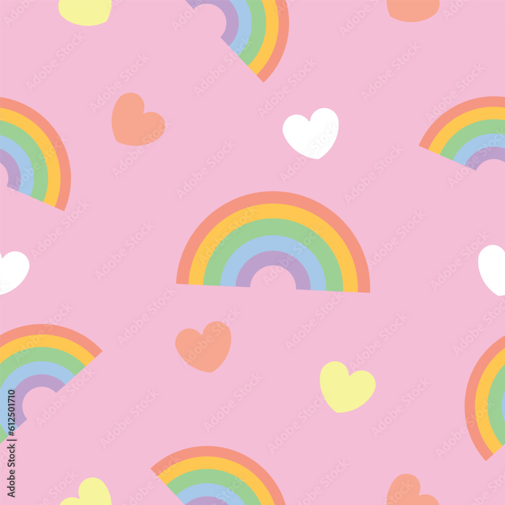 Colorful rainbows and hearts on pink background. Pattern for design