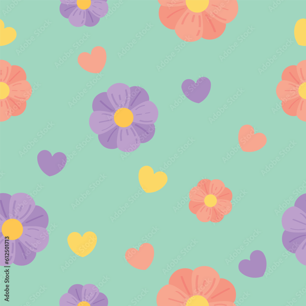 Colorful flowers and hearts on color background. Pattern for design