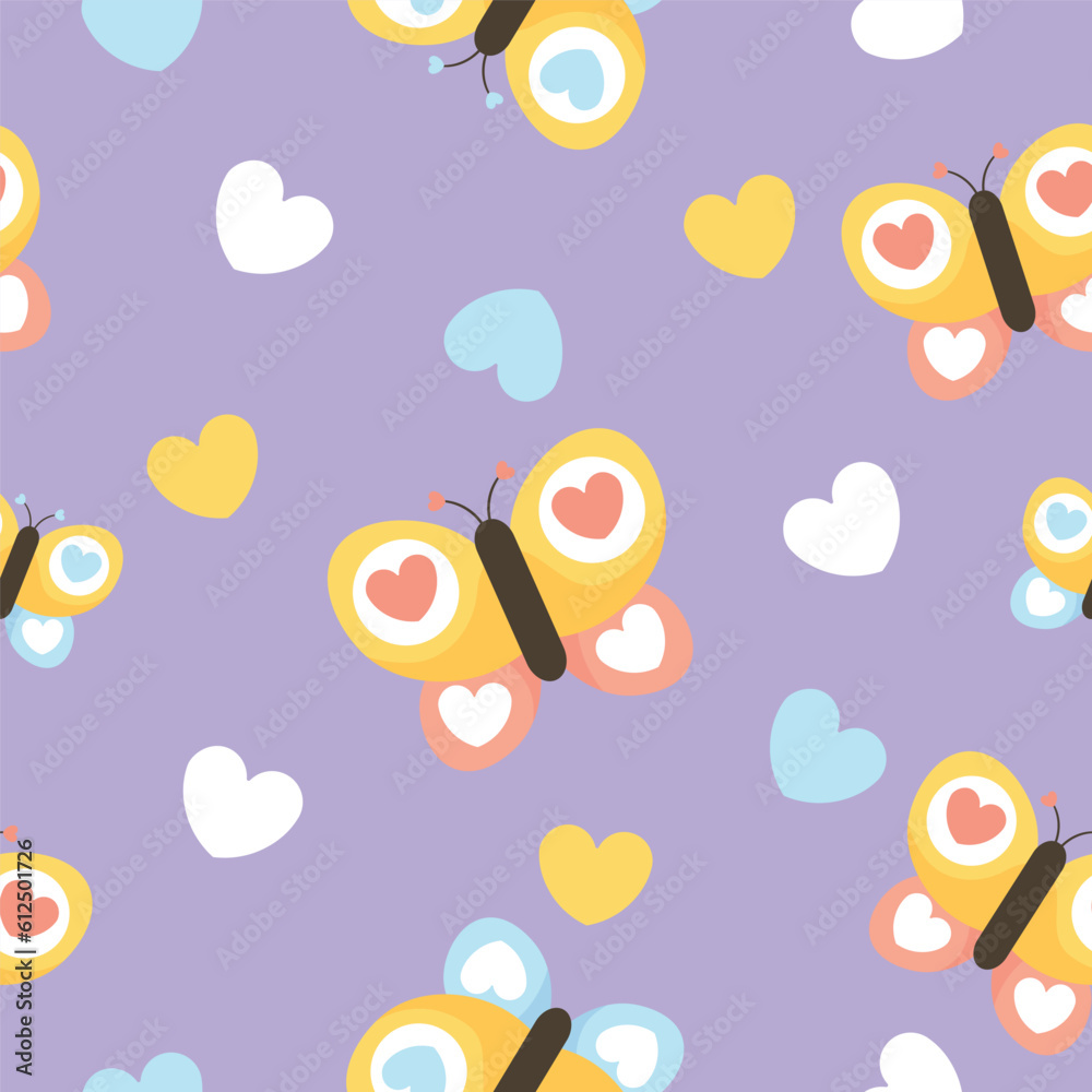 Colorful butterflies and hearts on color background. Pattern for design