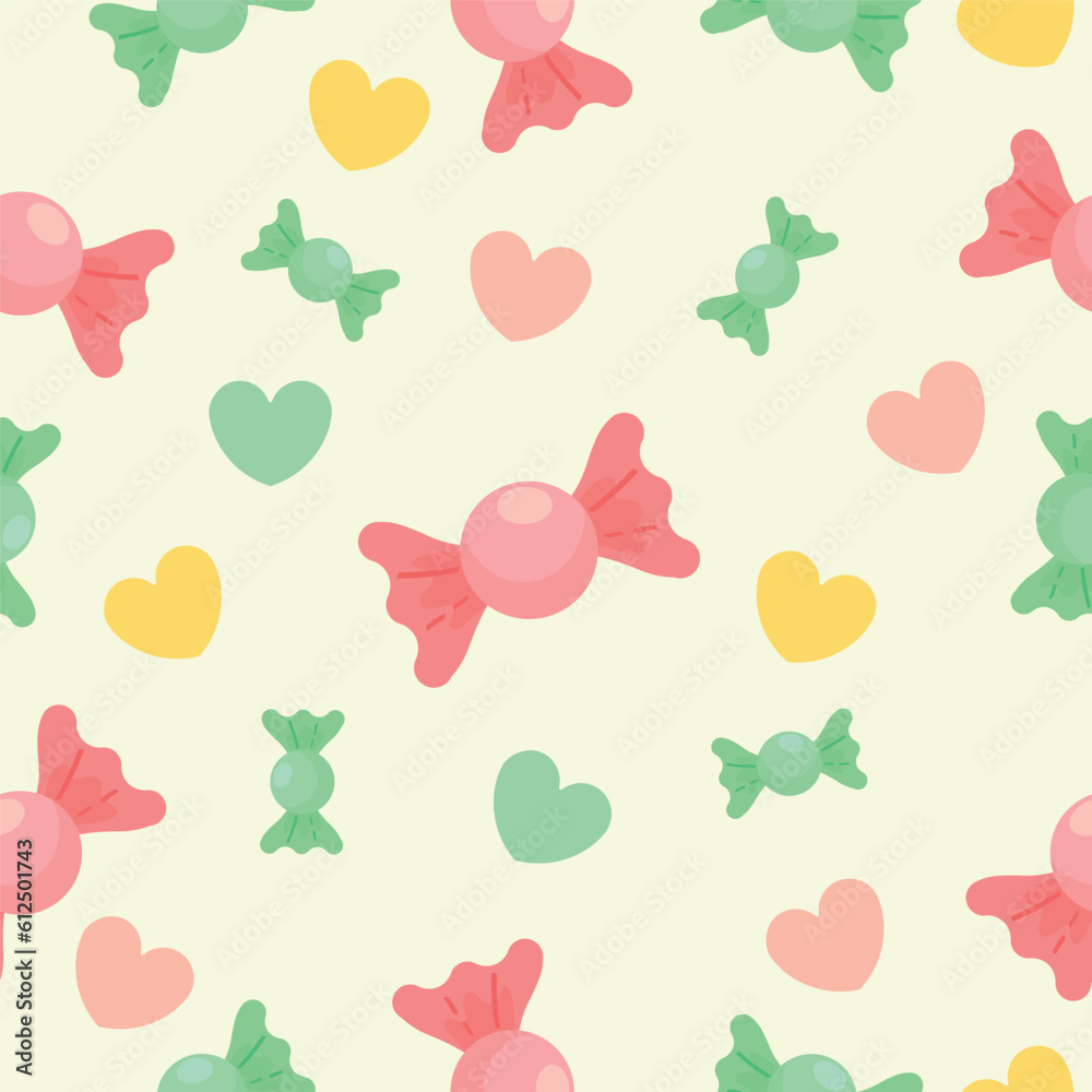 Colorful candies and hearts on light background. Pattern for design