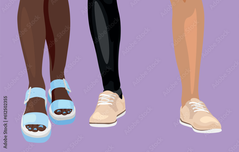 Legs of different people on lilac background