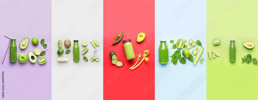 Collage of green smoothies in bottles on color background