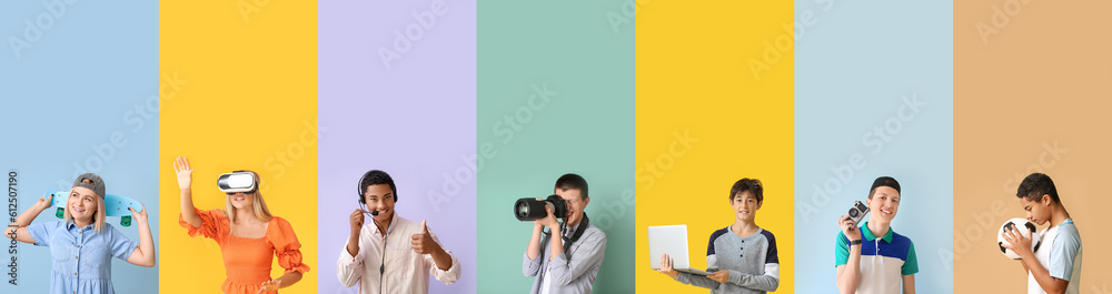 Group of teenagers on color background