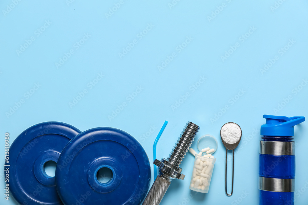 Sports equipment, amino acid pills, powder and bottle of water on color background