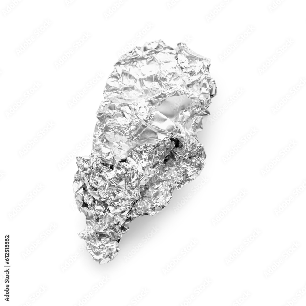 Crumpled aluminium foil on white background