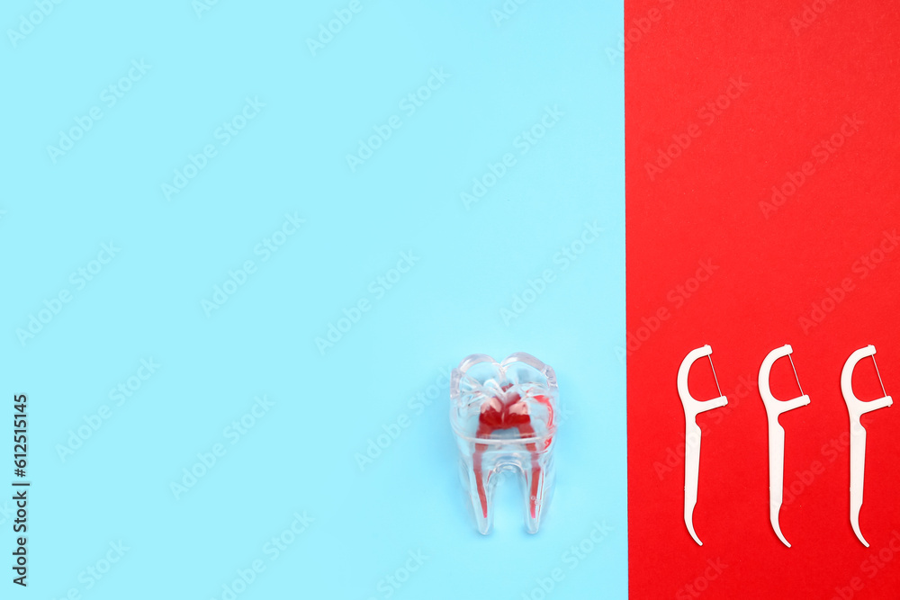 Floss toothpicks and model of tooth on colorful background