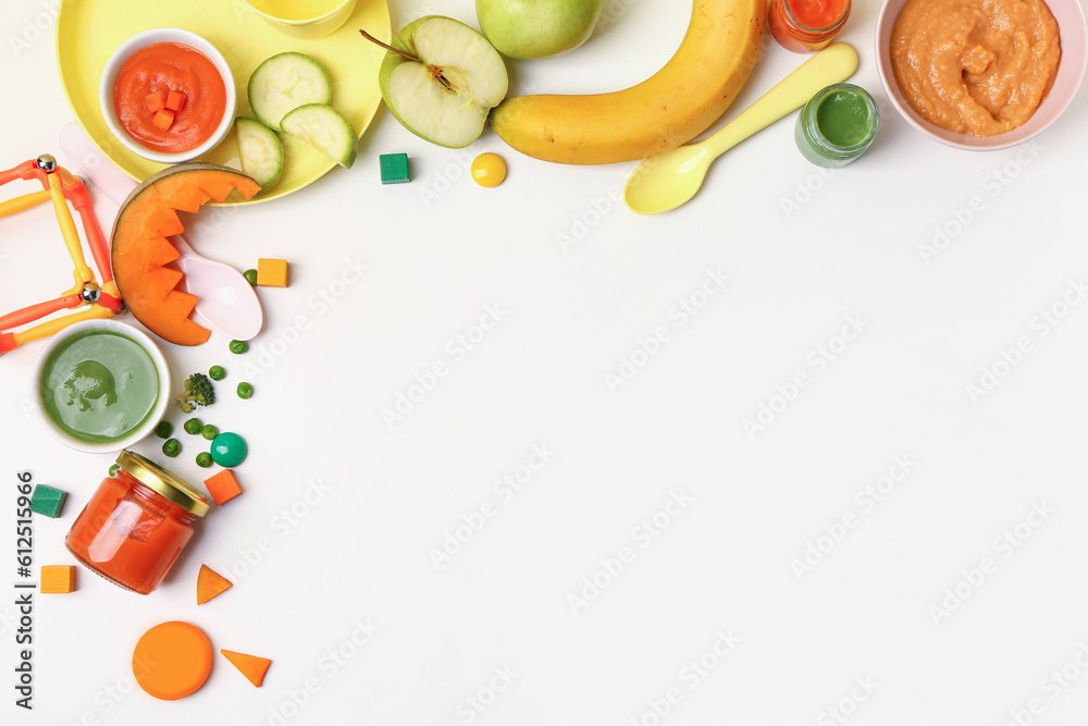 Composition with tasty baby food, fresh fruits and vegetables on white background