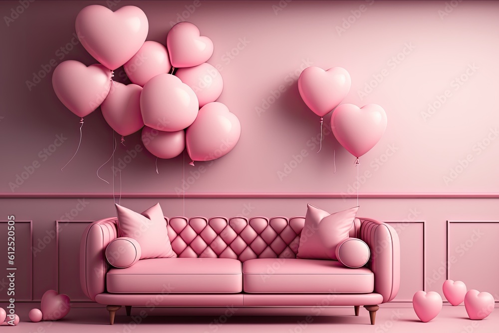 cozy living room with a vibrant pink couch and colorful balloons. Generative AI