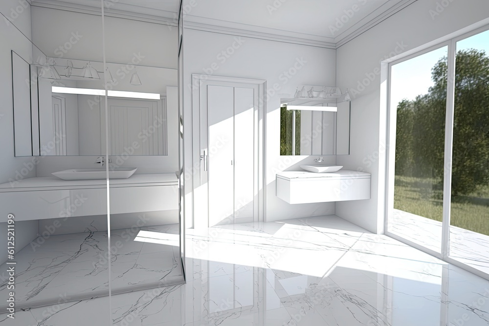 modern white bathroom with double sinks and mirrors. Generative AI