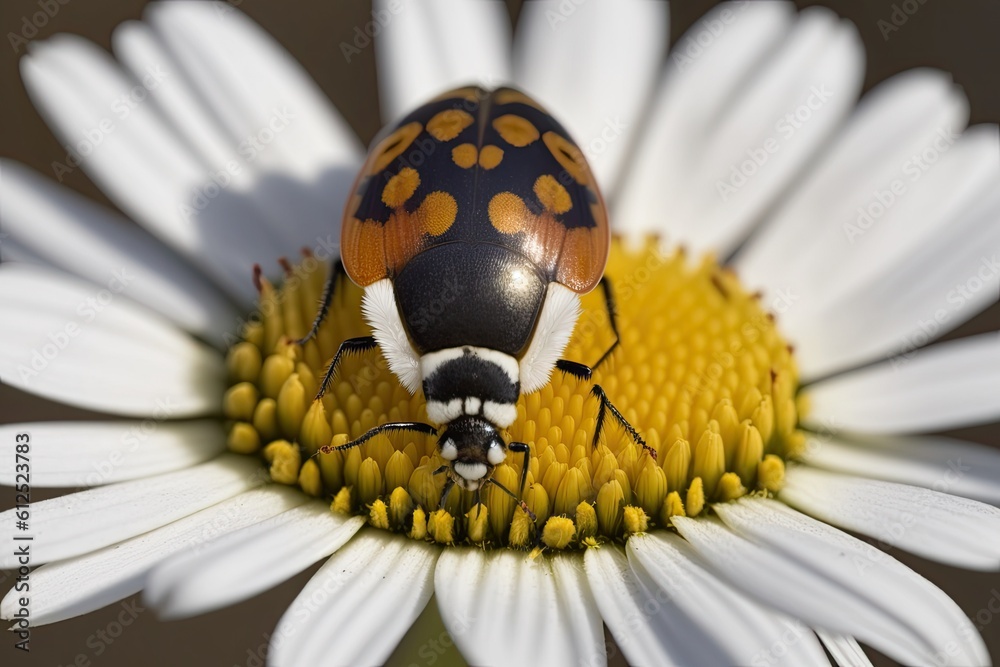 macro view of an insect perched on a colorful flower petal. Generative AI