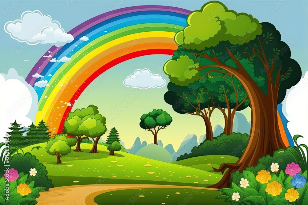 colorful rainbow stretching across a blue sky above a vibrant forest. Generative AI