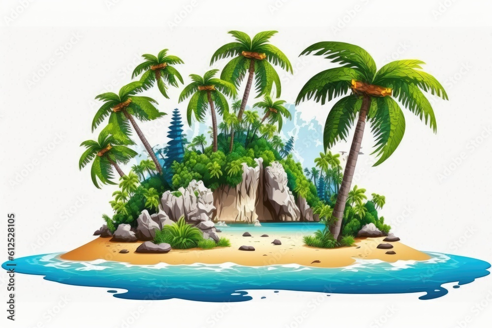 tropical island with palm trees and rocks on a white background. Generative AI