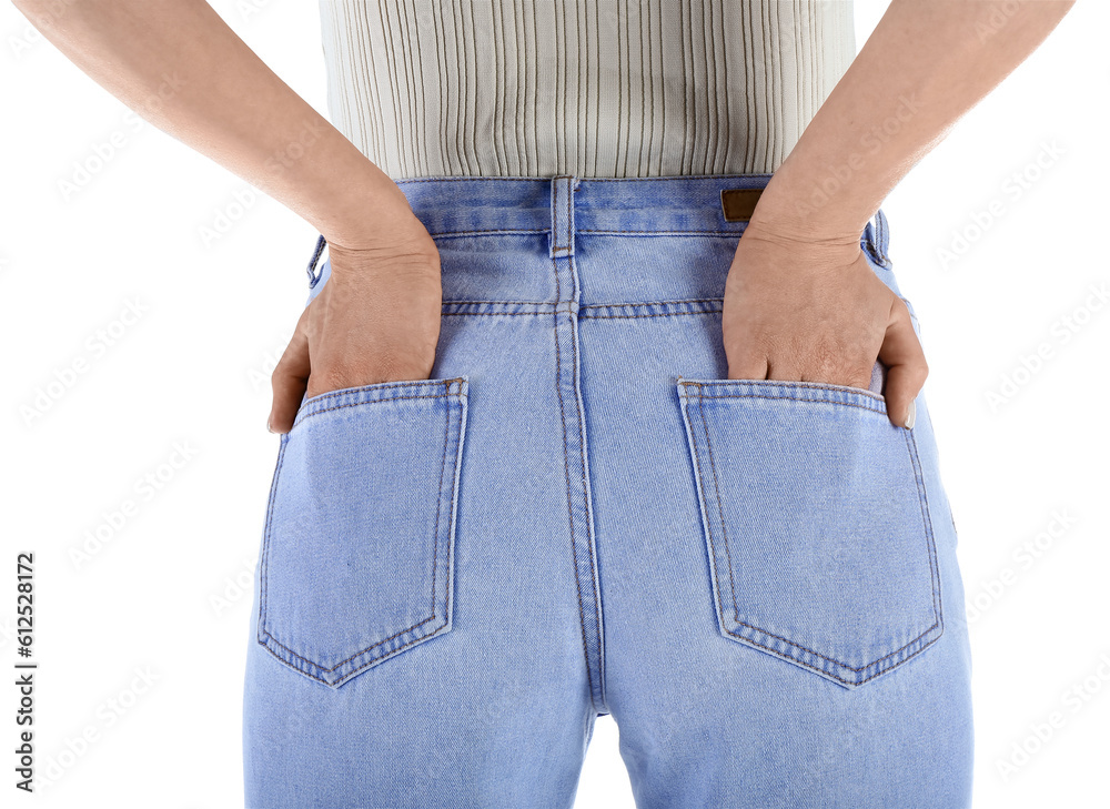 Young woman in stylish jeans on white background, back view