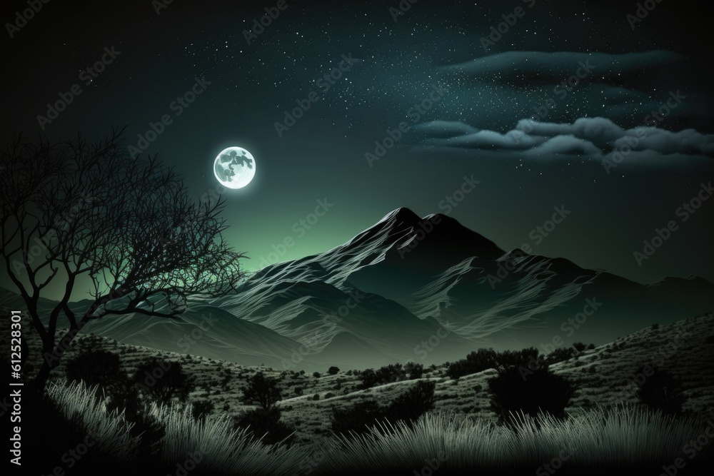 majestic mountain landscape at night with a full moon in the sky. Generative AI