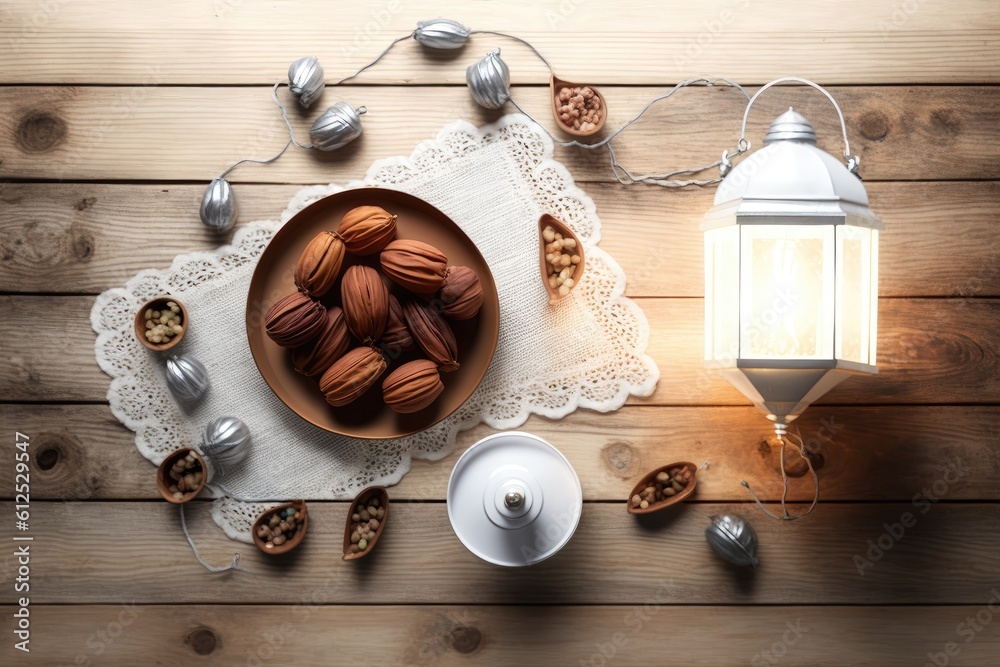 rustic table setting with a bowl of mixed nuts and a lantern. Generative AI